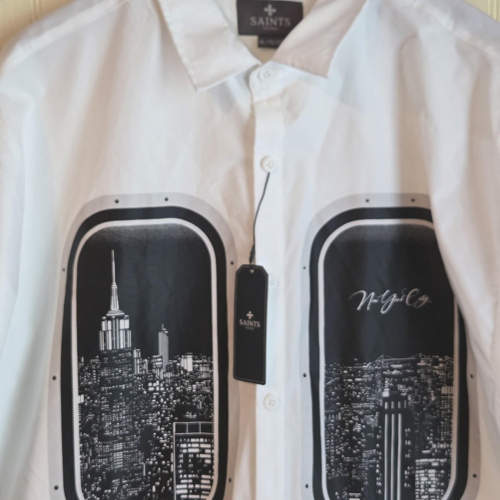 Saints Studio Shirt Mens XL White New York City Graphic Short Sleeve Button Up